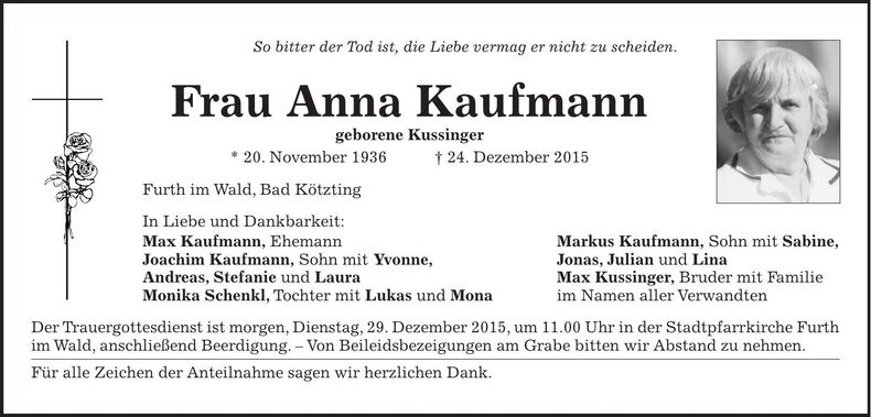Traueranzeige Anna Kaufmann