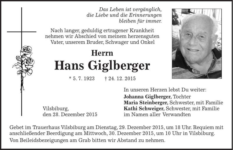 Traueranzeige Hans Giglberger