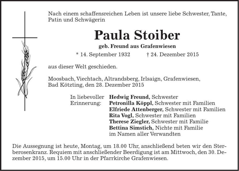Traueranzeige Paula Stoiber