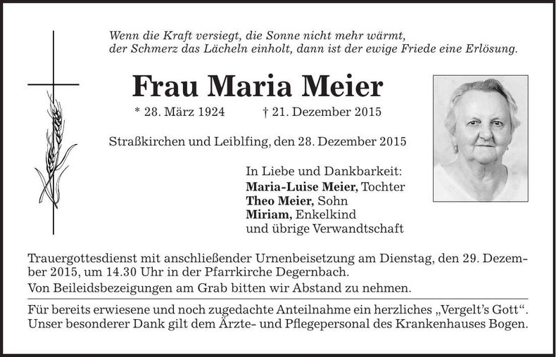 Traueranzeige Maria Meier