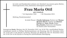 Traueranzeige Maria Ottl
