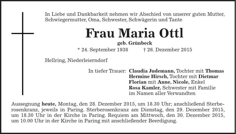 Traueranzeige Maria Ottl