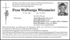 Traueranzeige Walburga Wiesmeier