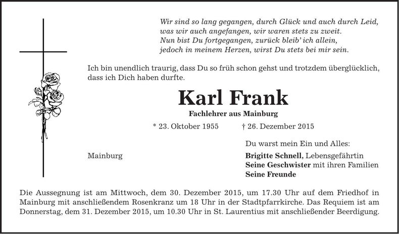 Traueranzeige Karl Frank