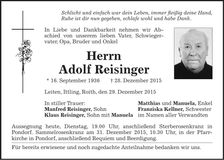 Traueranzeige Adolf Reisinger