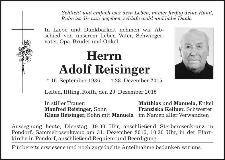 Traueranzeige Adolf Reisinger