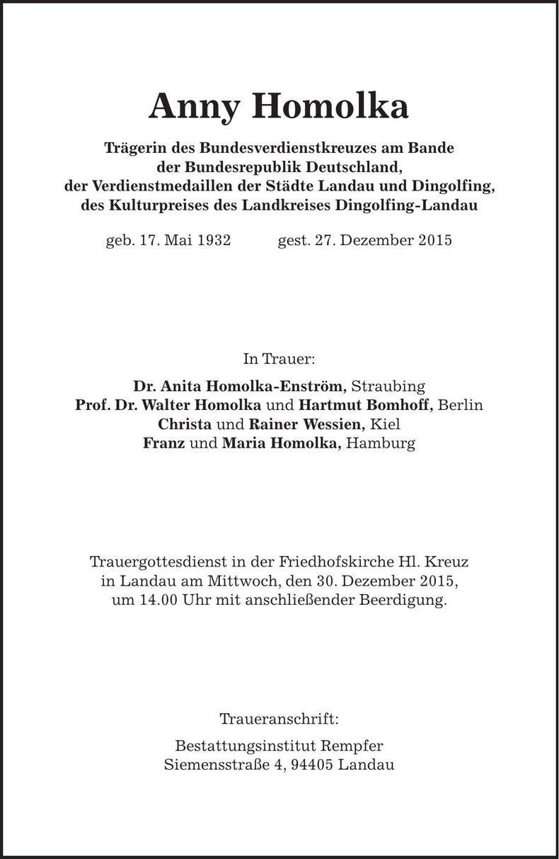 Traueranzeige Anny Homolka