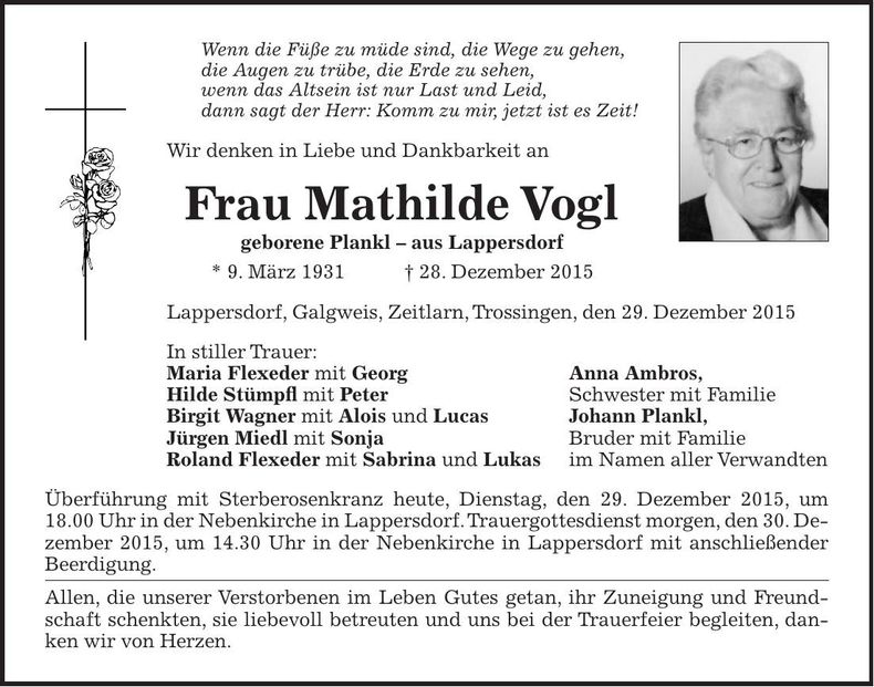 Traueranzeige Mathilde Vogl