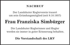 Traueranzeige Franziska Simbürger
