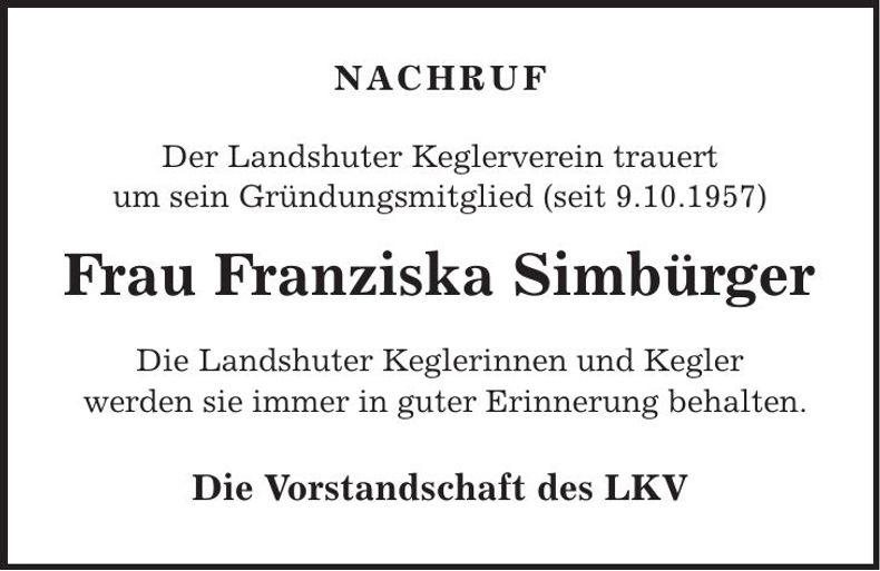 Traueranzeige Franziska Simbürger