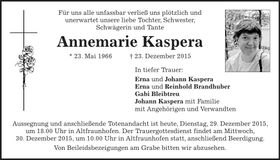 Traueranzeige Annemarie Kaspera