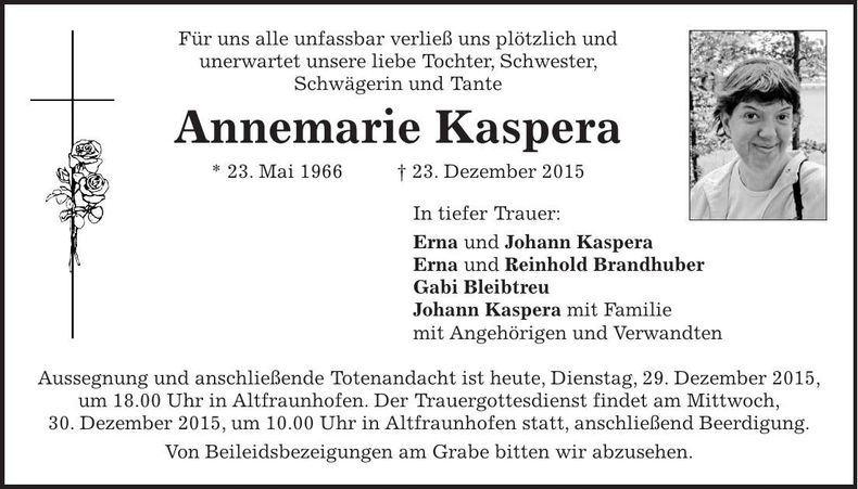 Traueranzeige Annemarie Kaspera