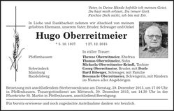 Traueranzeige Hugo Oberreitmeier