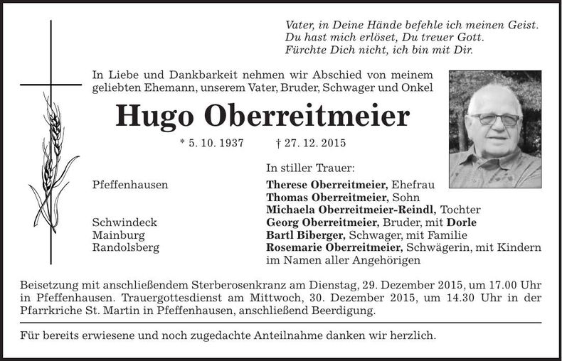 Traueranzeige Hugo Oberreitmeier