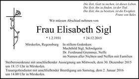 Traueranzeige Elisabeth Sigl