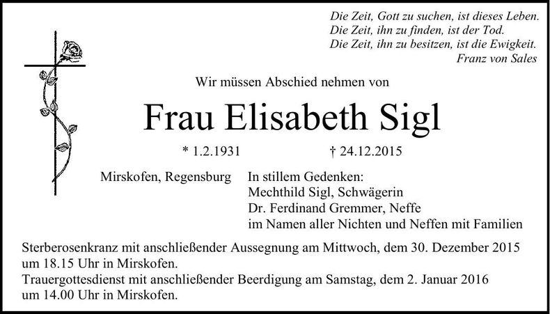 Traueranzeige Elisabeth Sigl