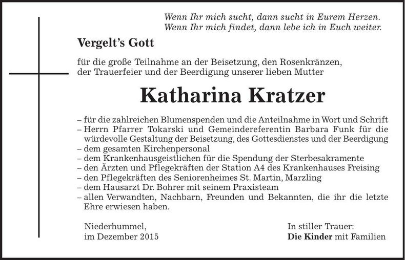 Traueranzeige Katharina Kratzer
