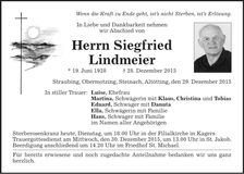 Traueranzeige Siegfried Lindmeier