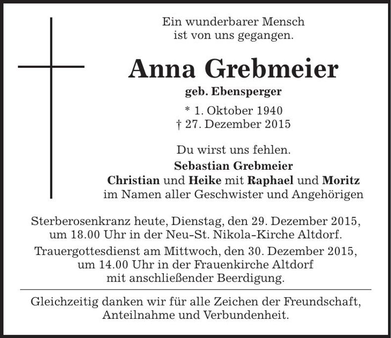 Traueranzeige Anna Grebmeier