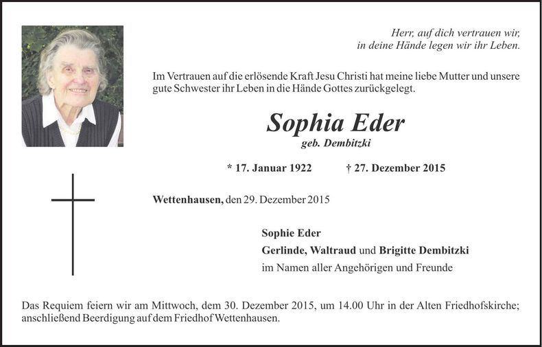 Traueranzeige Sophia Eder