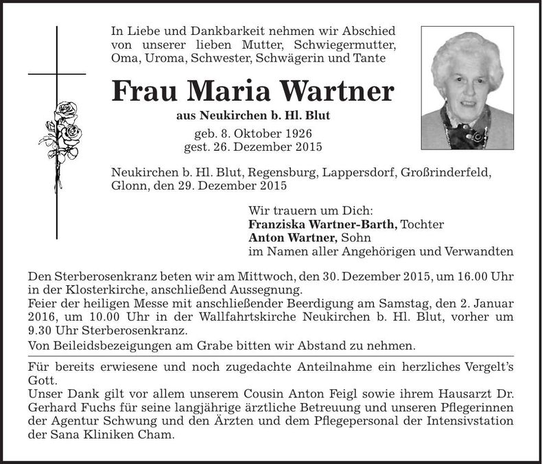 Traueranzeige Maria Wartner