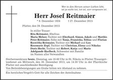 Traueranzeige Josef Reitmaier