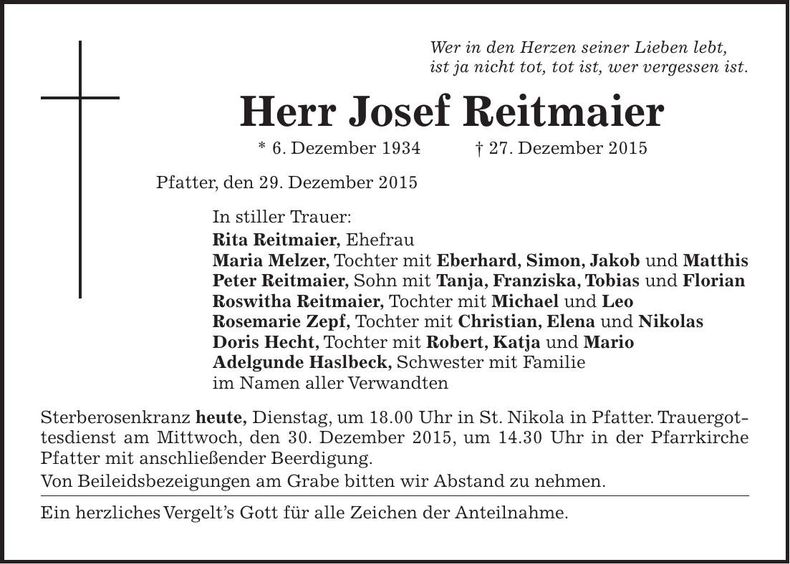 Traueranzeige Josef Reitmaier