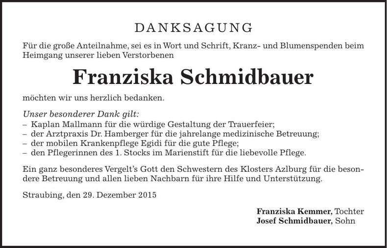 Traueranzeige Franziska Schmidbauer