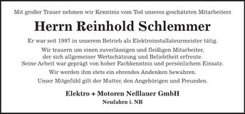 Traueranzeige Reinhold Schlemmer
