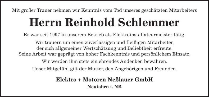 Traueranzeige Reinhold Schlemmer