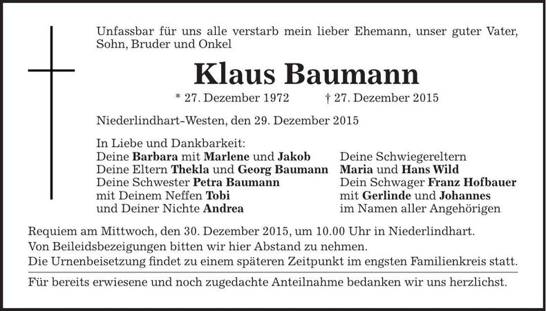 Traueranzeige Klaus Baumann