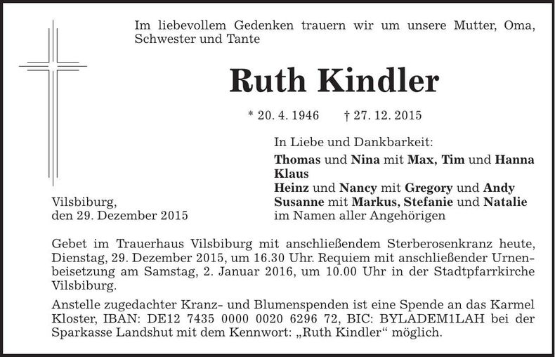 Traueranzeige Ruth Kindler