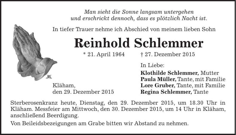 Traueranzeige Reinhold Schlemmer