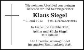 Traueranzeige Klaus Siegel