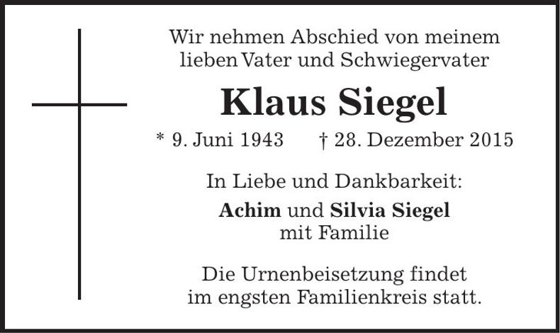 Traueranzeige Klaus Siegel