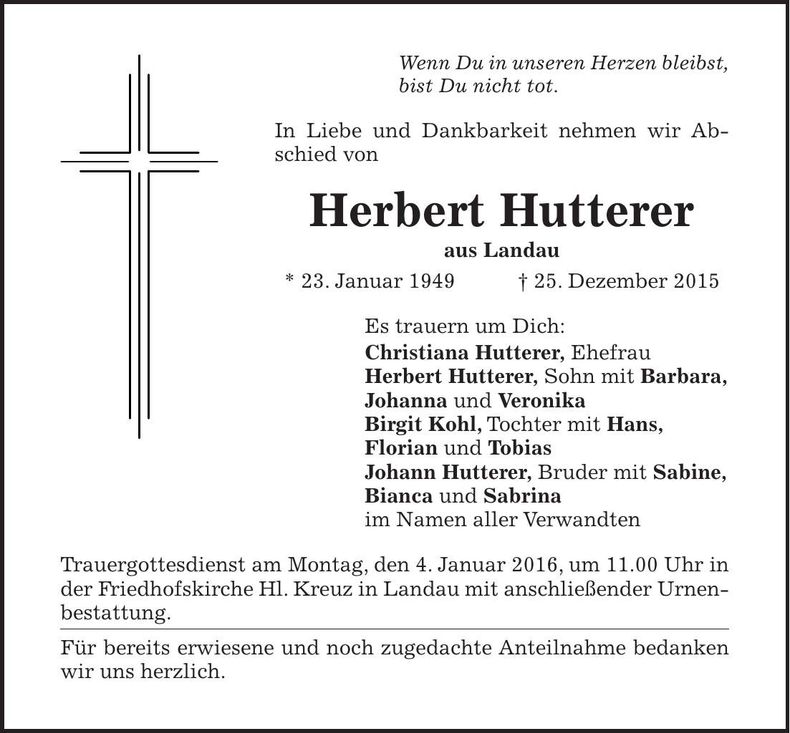 Traueranzeige Herbert Hutterer