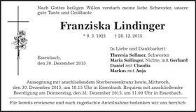 Traueranzeige Franziska Lindinger