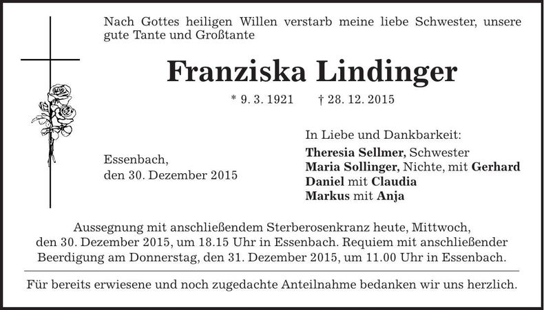 Traueranzeige Franziska Lindinger