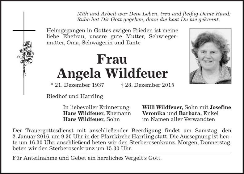 Traueranzeige Wildfeuer Angela