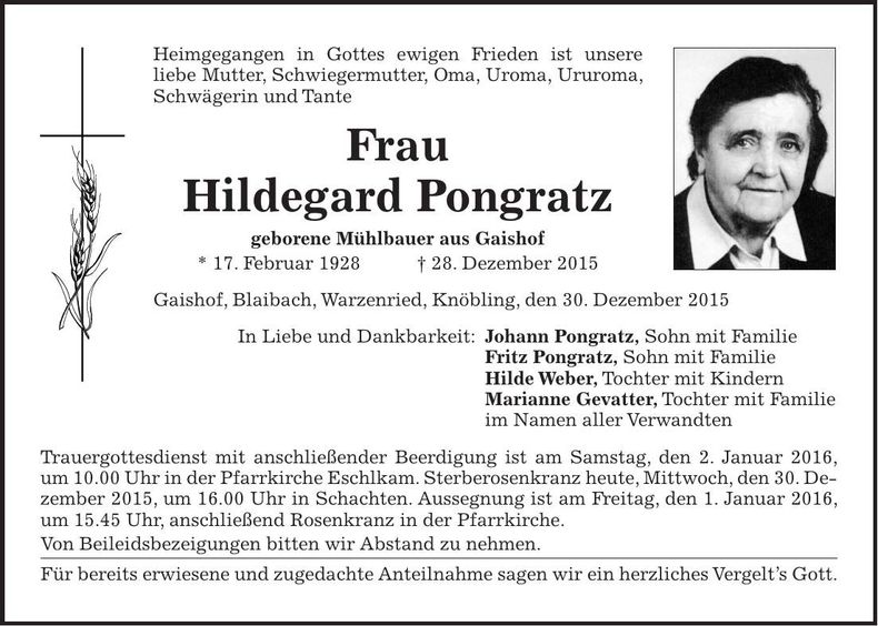 Traueranzeige Hildegard Pongratz