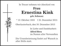 Traueranzeige Ernestina Kink