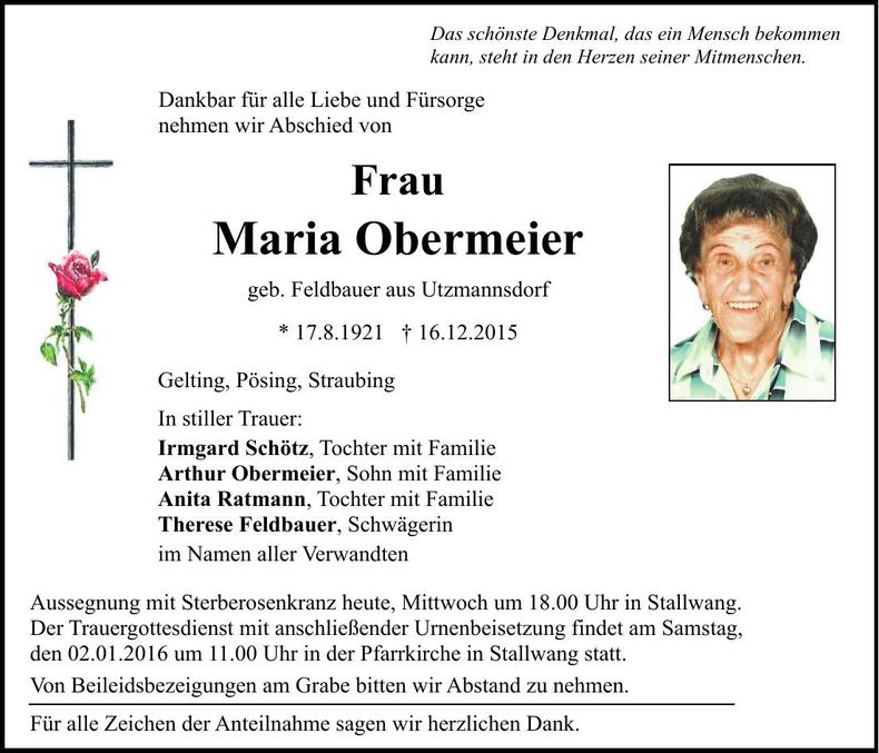 Traueranzeige Maria Obermeier