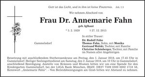 Traueranzeige Annemarie Dr. Fahn