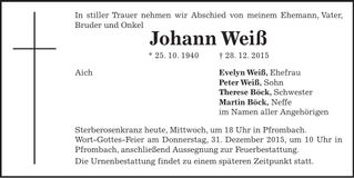 Traueranzeige Johann Weiß