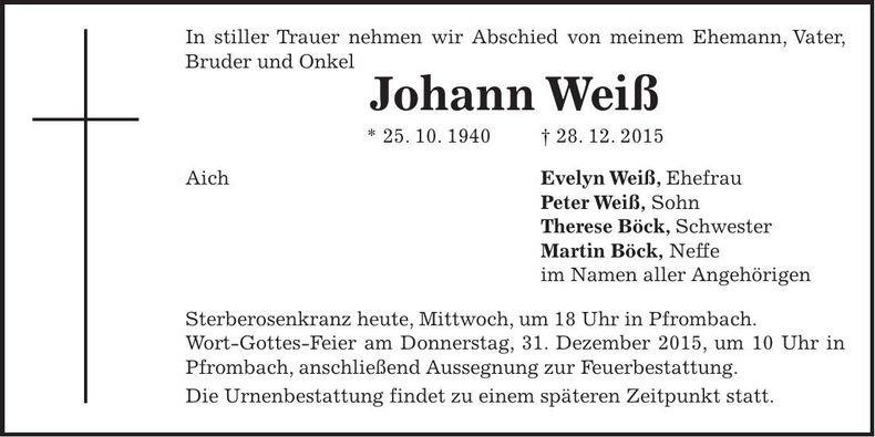 Traueranzeige Johann Weiß