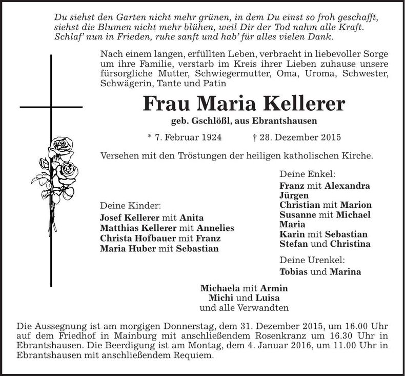 Traueranzeige Maria Kellerer