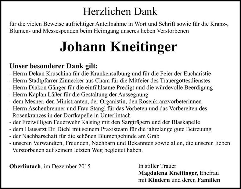 Traueranzeige Johann Kneitinger