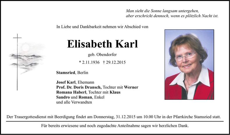 Traueranzeige Elisabeth Karl