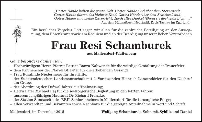 Traueranzeige Resi Schamburek