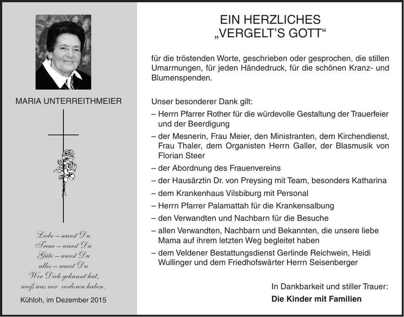 Traueranzeige Maria Unterreithmeier